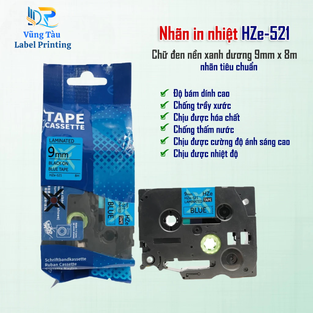 ป้ายพิมพ์ HZe-521 (ตัวอักษรสีดําบนพื้นหลังสีฟ้า ขนาด 9mm X 8M) - เข้ากันได้กับฉลาก Brother TZe-521