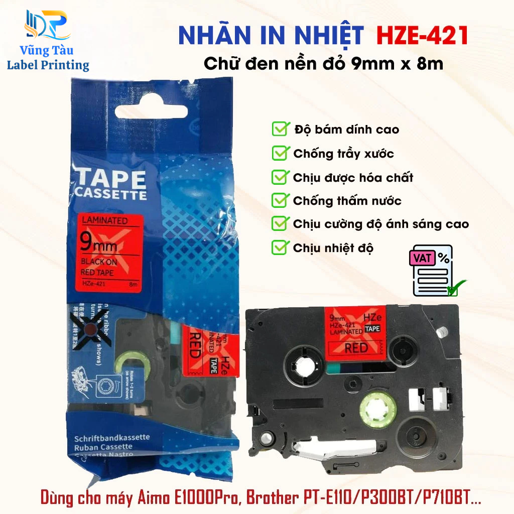 ป้ายพิมพ์ HZe-421 (ตัวอักษรสีดําบนพื้นหลังสีแดง ขนาด 9mm X 8M) - เข้ากันได้กับฉลาก Brother TZe-421