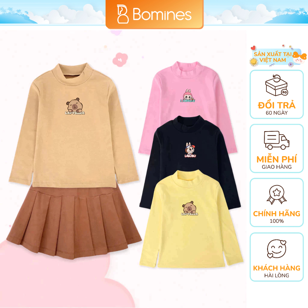 Capybara Labubu Kuromi Bomines เสื้อเชิ้ตแขนยาวเด็กผู้หญิงคอเต่าซี่โครงผ้าฝ้ายรูปตุ๊กตาความร้อนสําหร