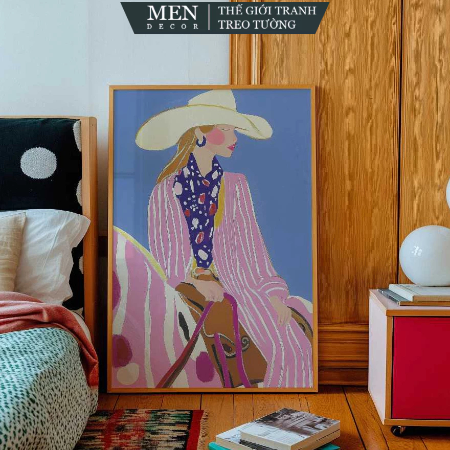ภาพวาดติดผนัง Wall Art ภาพวาด Cowgirl สีชมพู Cowgirl Cowgirl Wall Art พิมพ์ขอรูป มาพร้อมเล็บแขวน