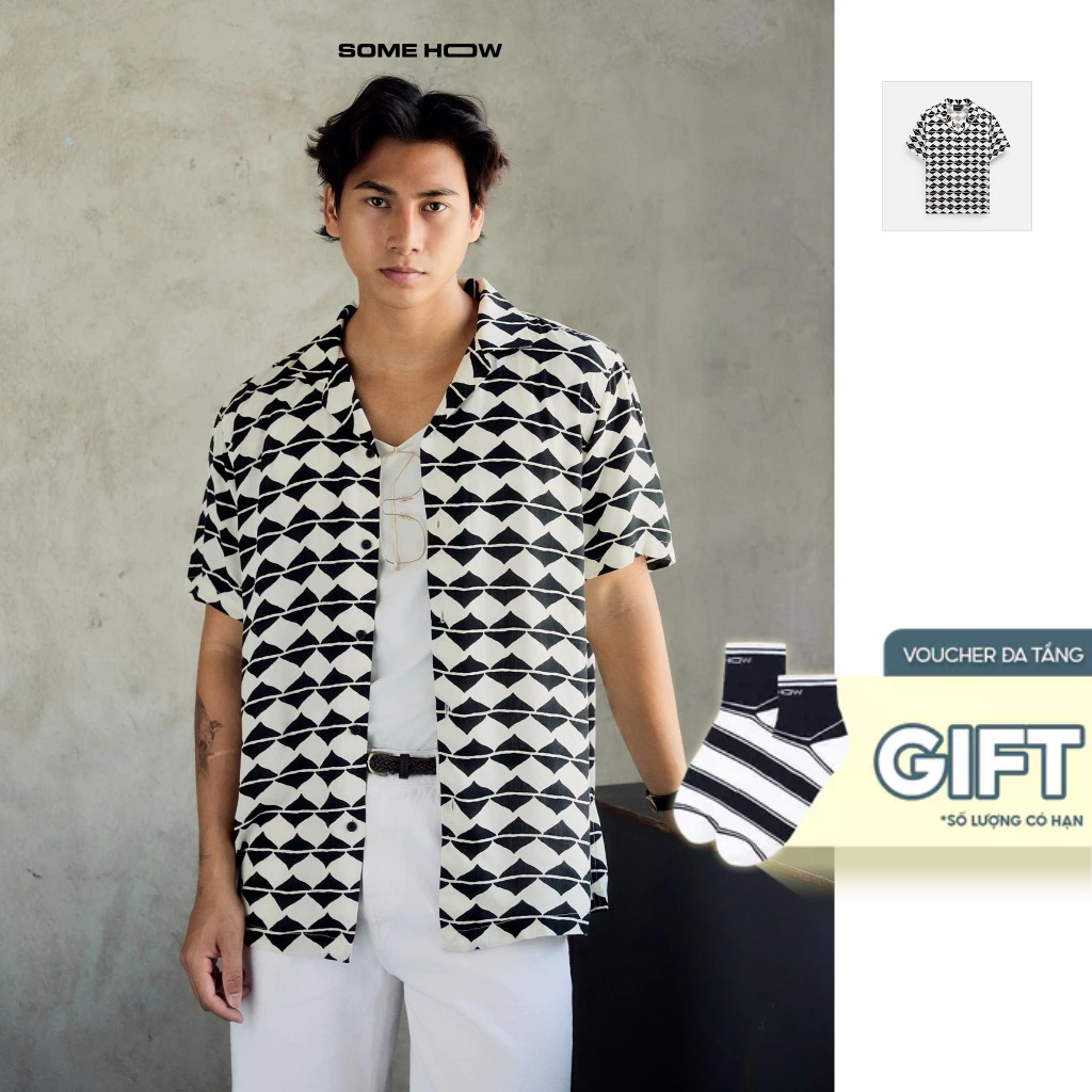 เสื้อเชิ้ตลายบล็อคสีดําคิวบาสําหรับผู้ชาย ผ้าลินิน ใส่สบาย SM01132 SOME HOW STORE