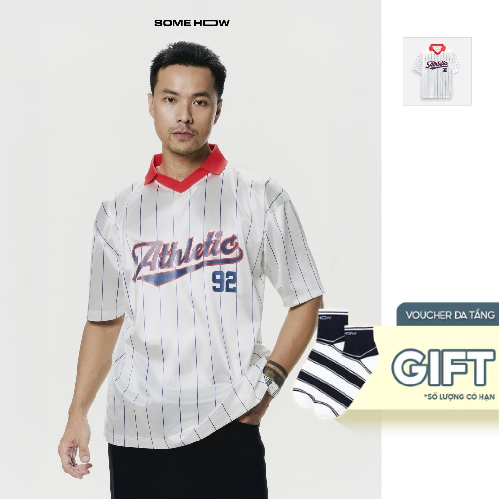 เสื้อโปโลผู้ชาย Athletic The Stripe White 92 ผ้าโพลีเอสเตอร์ ใส่สบาย PL0170 SOME HOW STORE