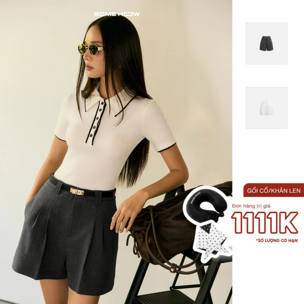กางเกงขาสั้นเอวสูง Pleats ผู้หญิง ผ้าคอตตอน ใส่สบาย WQS017 SOME HOW STORE