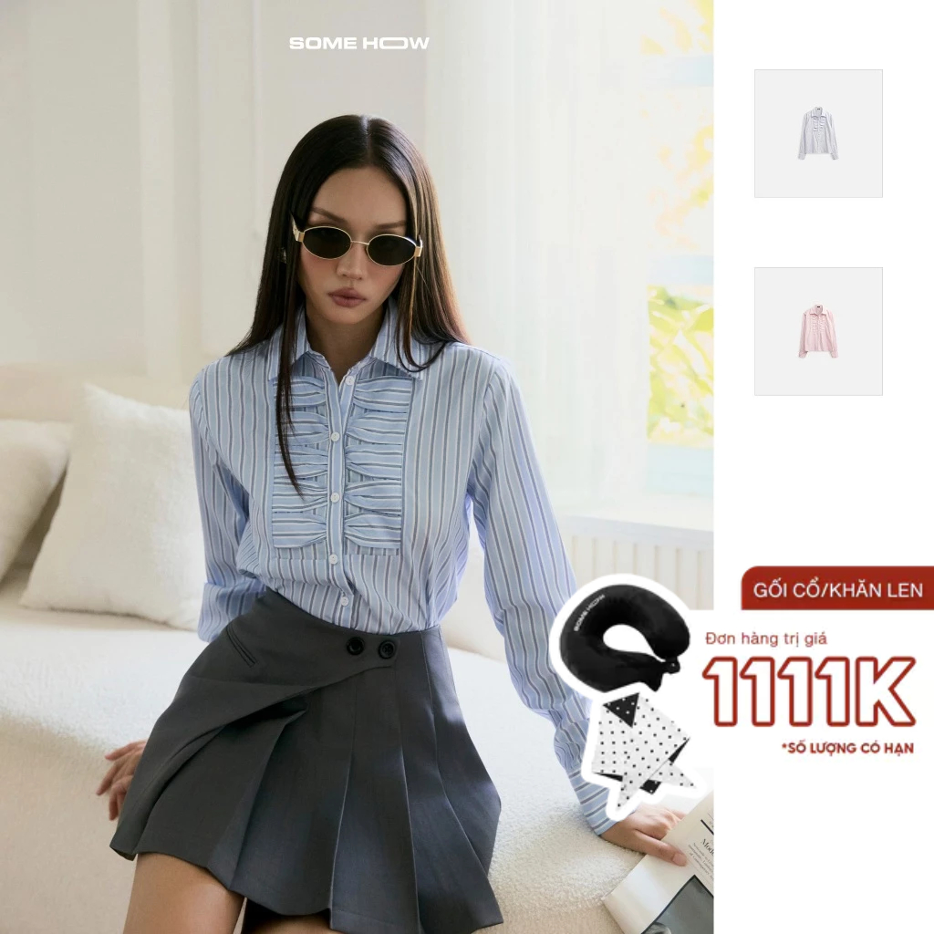 เสื้อเชิ้ตผู้หญิง The Blue Stripes ผ้าคอตตอนลายทางใส่สบาย WSM010 SOME HOW STORE