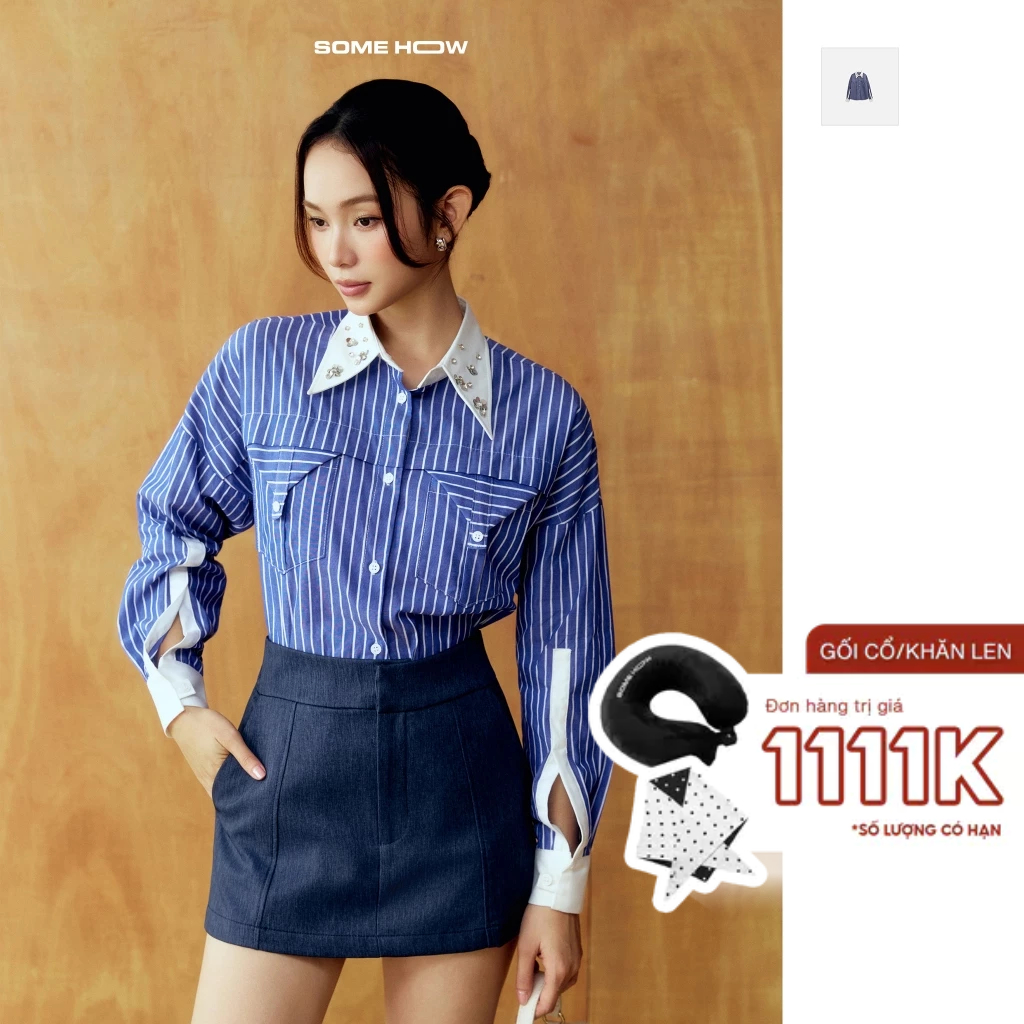 เสื้อเชิ้ต Workwear Blue Stripes ผ้าคอตตอนลายทางใส่สบาย WSM014 SOME HOW STORE