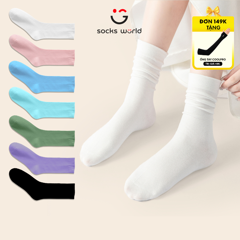 SOCKSWORLD ถุงเท้าผู้หญิงคอปกสูงนุ่มสีทึบถุงเท้าแฟชั่นสไตล์เกาหลีสําหรับผู้หญิง - SWF406
