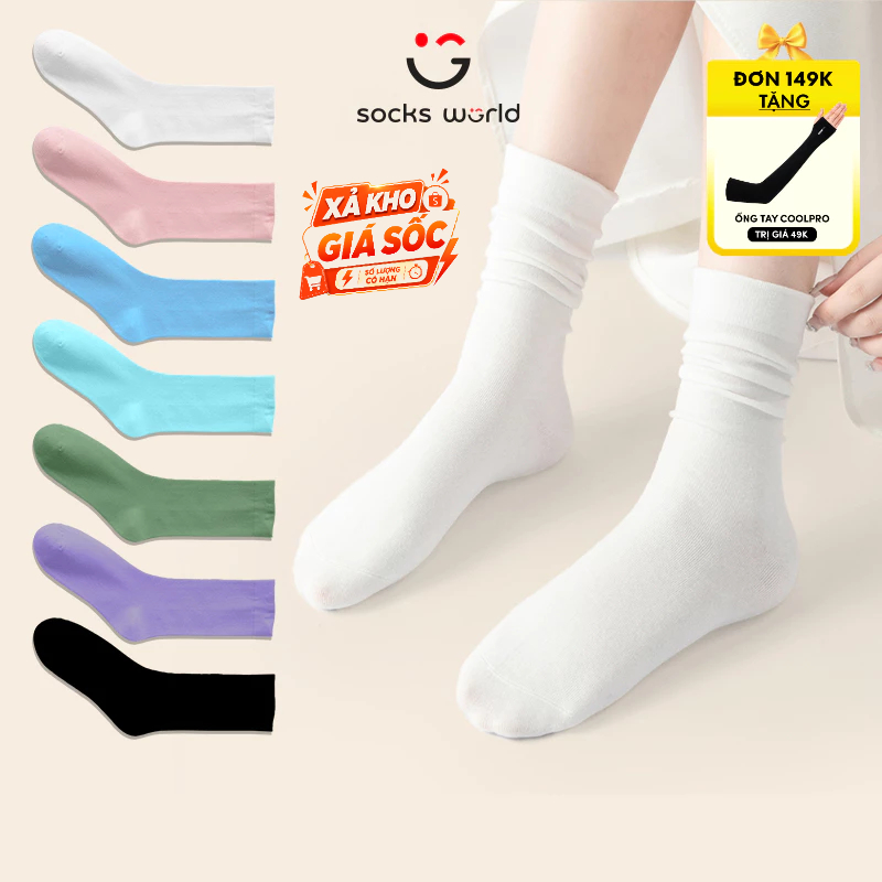 SOCKSWORLD ถุงเท้าผู้หญิงคอปกสูงนุ่มสีทึบถุงเท้าแฟชั่นสไตล์เกาหลีสําหรับผู้หญิง - SWF406