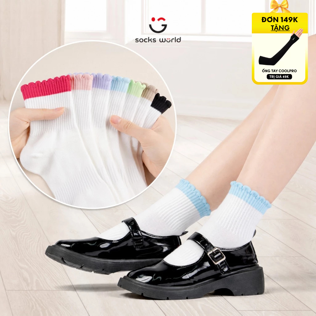 SOCKSWORLD ถุงเท้าหยิกคอปกกลางผู้หญิงนุ่มและยืดชุดสุดน่ารัก - SWF308