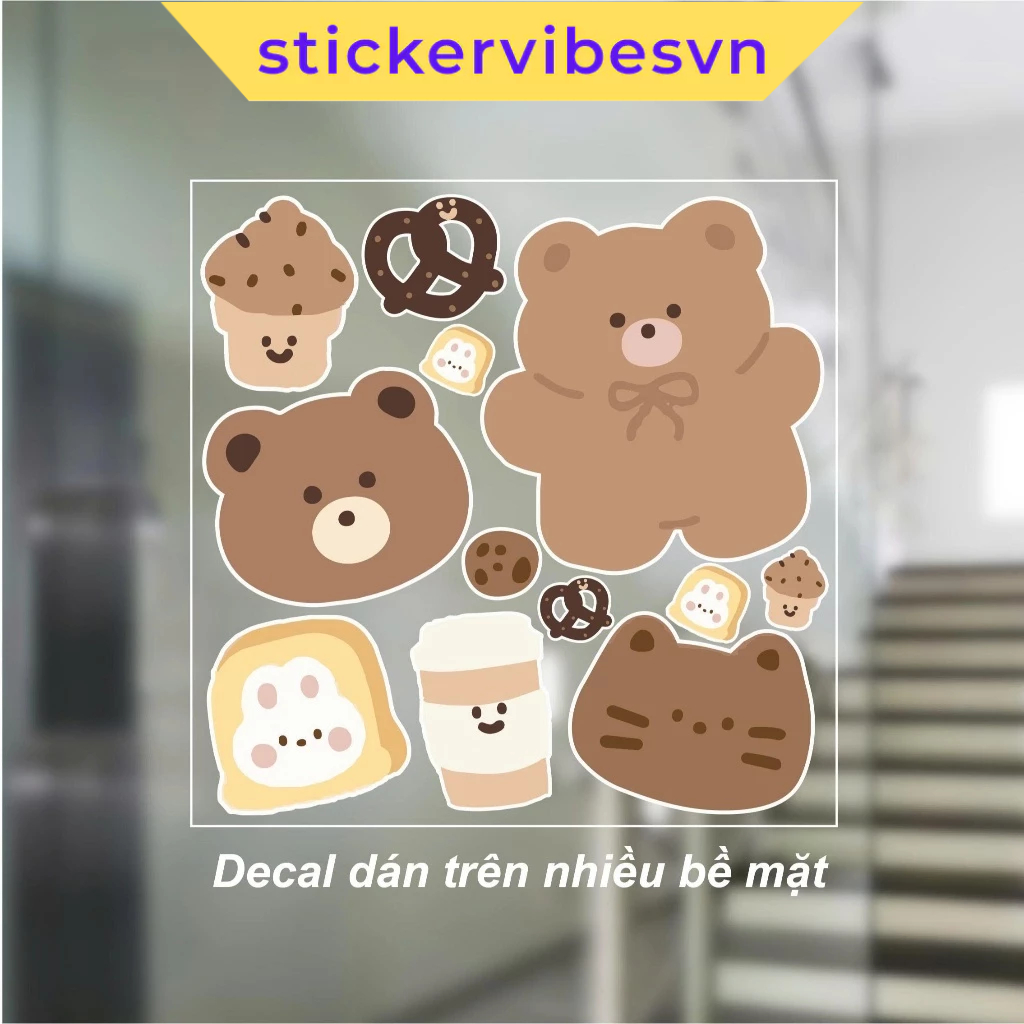 Decal Sticker, Kawaii Bear Muffin Pretzel Coffee น่ารัก, ตกแต่งกระจก, ห้องเด็ก, ประตูกระจก, ร้านค้า,