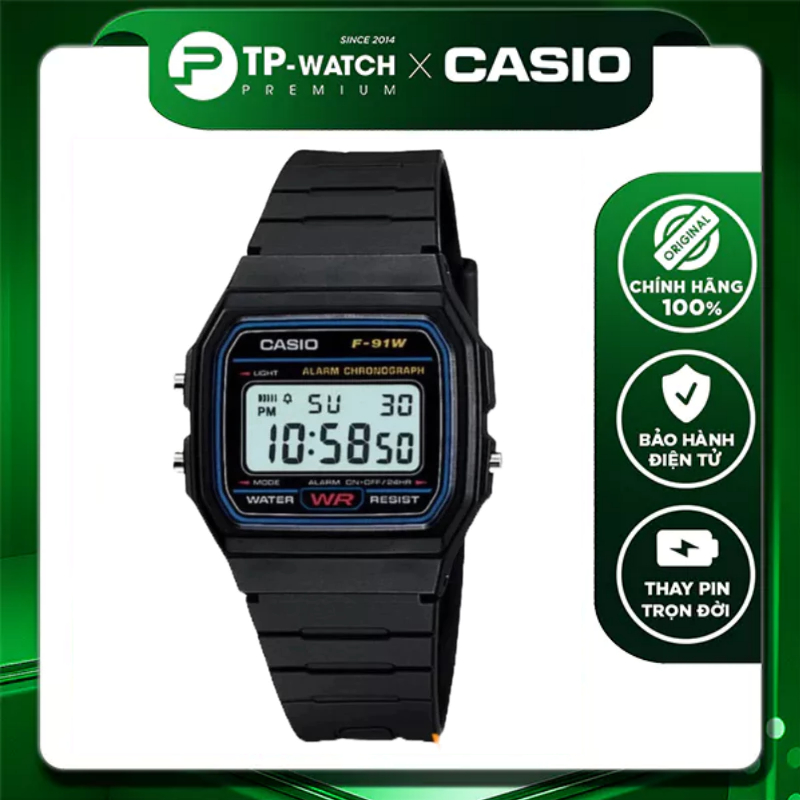 นาฬิกาข้อมือผู้ชายสายพลาสติก Casio Standard F-91W-1 ของแท้ - F-91W-1DG แบตเตอรี่ 7 ปี