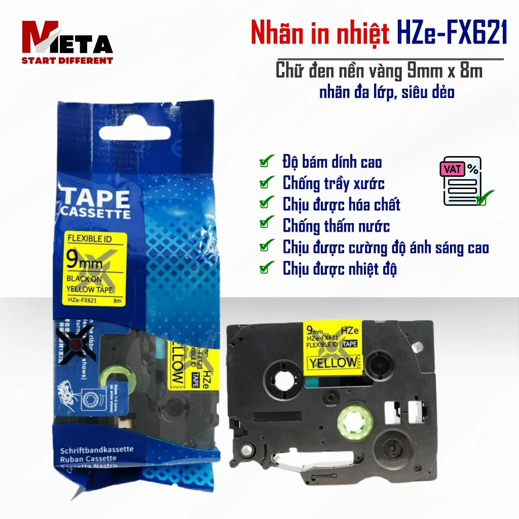 HZe-FX621 ป้ายพิมพ์ (ตัวอักษรสีดําบนพื้นหลังสีเหลือง ขนาด 9 มม. X 8M) - เข้ากันได้กับฉลาก Brother TZ