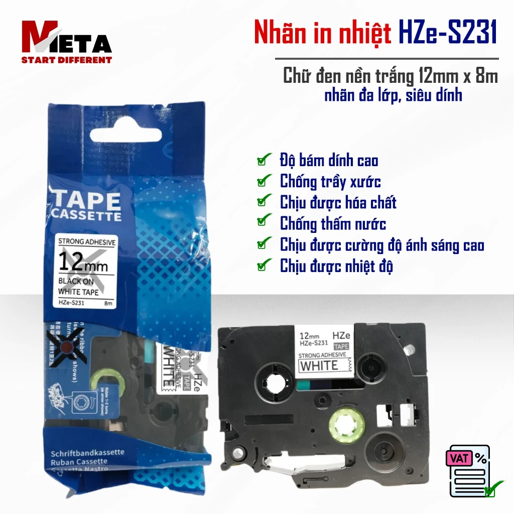 ป้ายพิมพ์ HZe-S231 (ตัวอักษรสีดําบนพื้นหลังสีขาว ขนาด 12mm X 8M) - เข้ากันได้กับฉลาก Brother TZe-S23