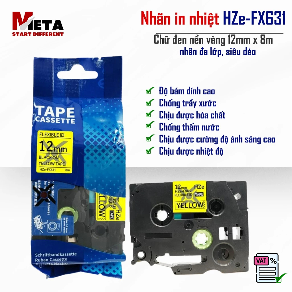 ป้ายพิมพ์ HZe-FX631 (ตัวอักษรสีดําบนพื้นหลังสีเหลือง ขนาด 12mm X 8M) - เข้ากันได้กับฉลาก Brother TZe