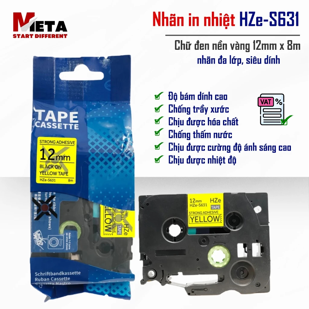 ป้ายพิมพ์ HZe-S631 (ตัวอักษรสีดําบนพื้นหลังสีเหลือง ขนาด 12 มม. X 8M) - เข้ากันได้กับฉลาก Brother TZ