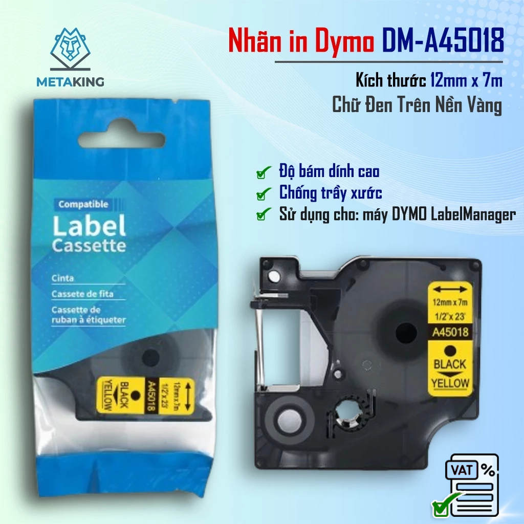 ป้าย D1 DM-A45018 - 12 มม.I ตัวอักษรสีดําพื้นหลังสีเหลือง I SD สําหรับ Dymo 160/210D/280/360D/420P/5