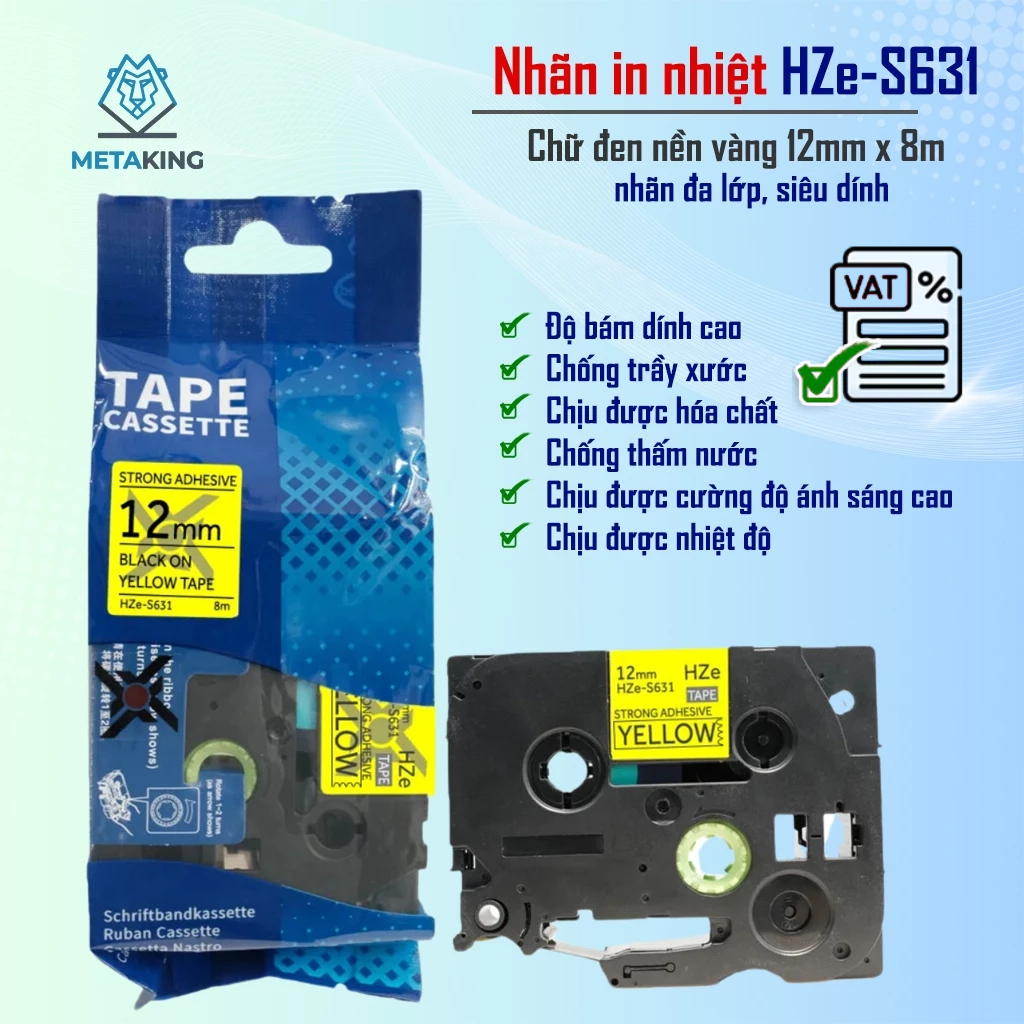 ป้ายพิมพ์กาวซุปเปอร์ HZe-S631 (ตัวอักษรสีดําบนพื้นหลังสีเหลือง ขนาด 12 มม. X 8M) - เข้ากันได้กับฉลาก