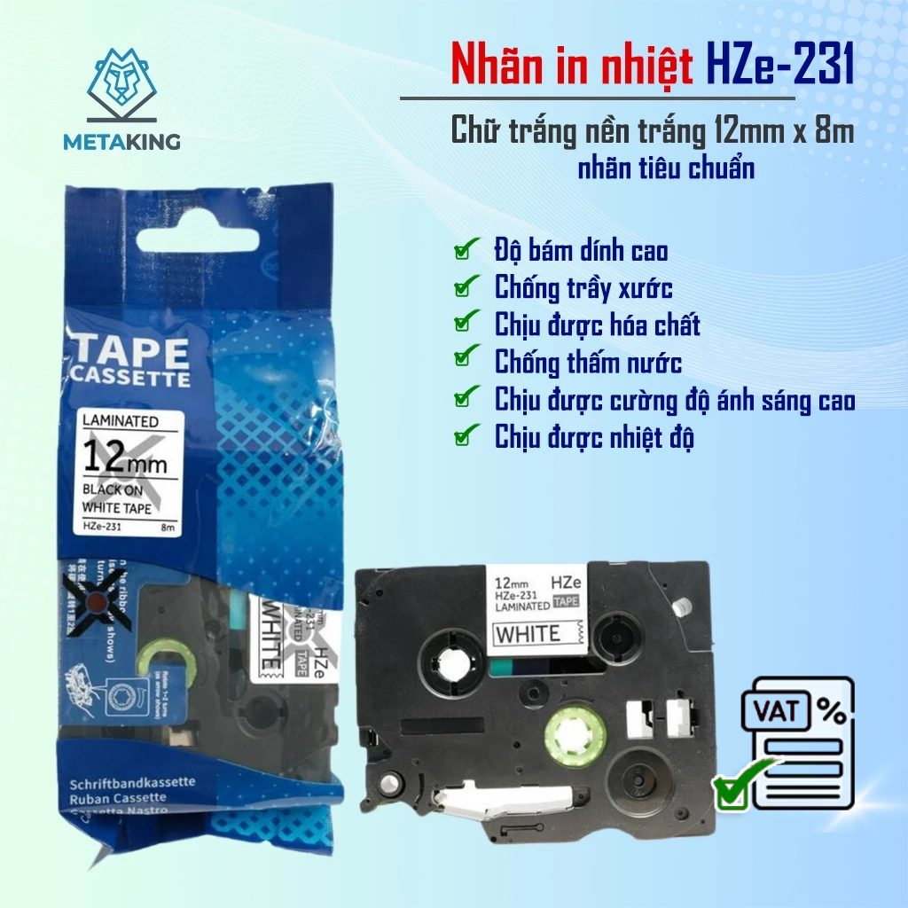 ป้ายพิมพ์ HZe-231 (ตัวอักษรสีดําบนพื้นหลังสีขาว ขนาด 12mm X 8M) - เข้ากันได้กับฉลาก Brother TZe-231