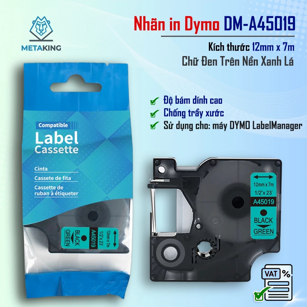 ป้าย D1 DM-A45019 - 12 มม.I ตัวอักษรสีดําพื้นหลังสีเขียว I SD สําหรับ Dymo 160/210D/280/360D/420P/50