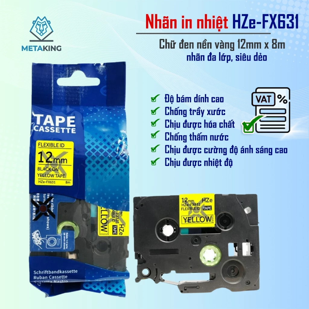 ป้ายพิมพ์ HZe-FX631 (ตัวอักษรสีดําบนพื้นหลังสีเหลือง ขนาด 12mm X 8M) - เข้ากันได้กับฉลาก Brother TZe