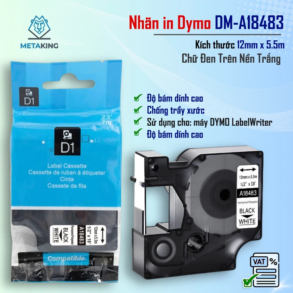 ป้าย D1 DM-A18483 I 12 มม.ตัวอักษรสีดําพื้นหลังสีขาว I SD สําหรับ Dymo 160/210D/280/360D/420P/500TS/