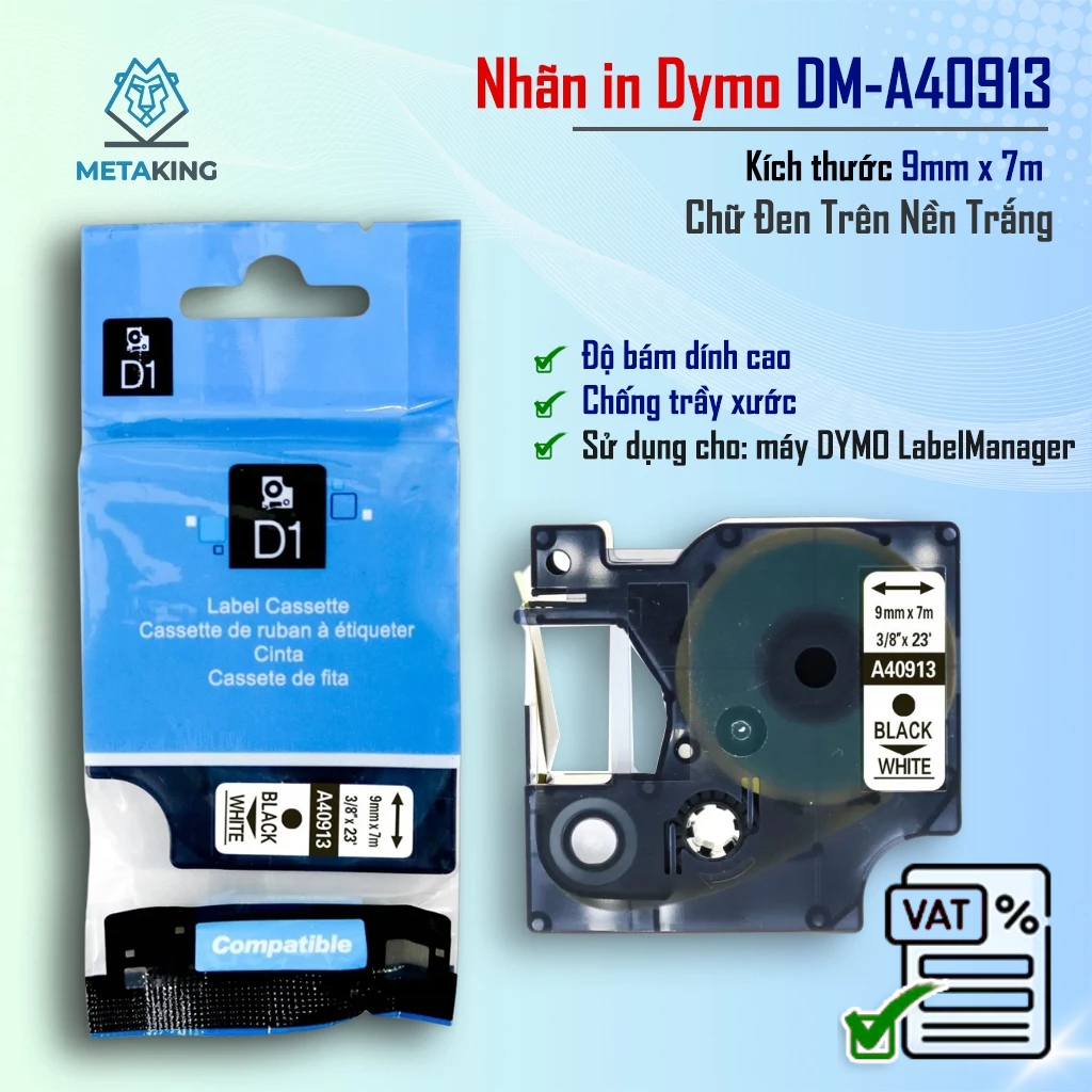 ป้าย D1 DM-A40913 - 9 มม.I ตัวอักษรสีดําพื้นหลังสีขาว I SD สําหรับ Dymo 160/210D/280/360D/420P/500TS