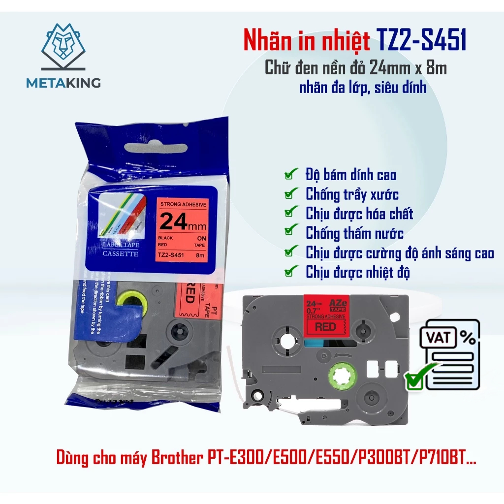 ป้ายพิมพ์ Super Sticky TZ2-S451 สําหรับ PT-E300/E500/P300BT/P710BT - ข้อความสีดําบนพื้นหลังสีแดง 24m