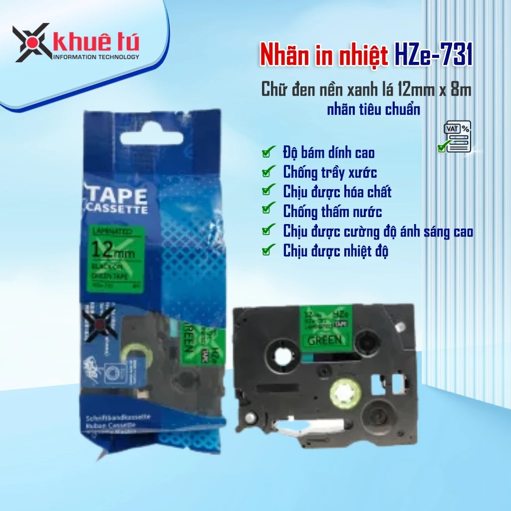 ป้ายพิมพ์ลาย HZe-731 (12mm ข้อความสีดํา พื้นเขียว)