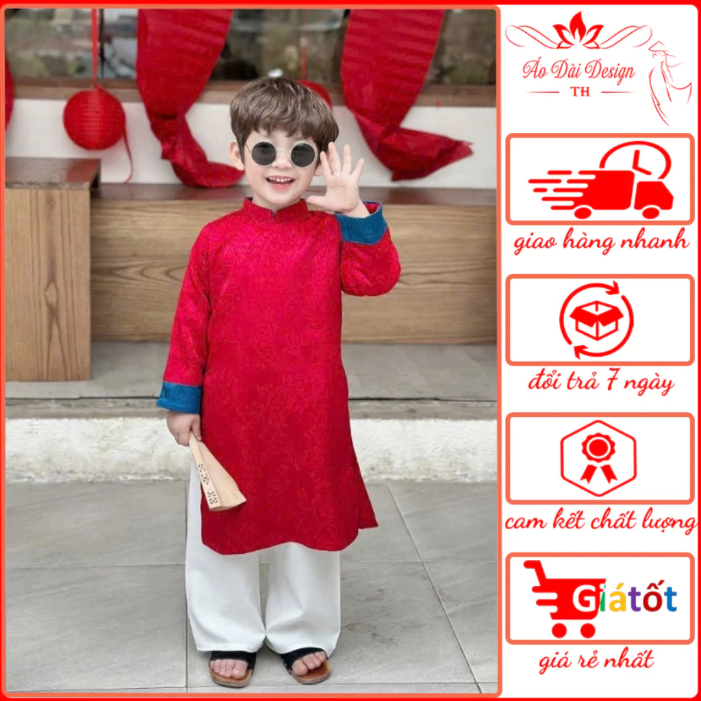 เด็กชายไหว้พระจันทร์ ao dai, Tet 2026 ใส่ National Day กันยายน 2 ผ้าโบรเคดเนื้อนุ่มมีแขน - Thu Ha Si