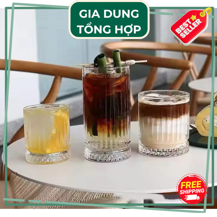 ถ้วยแก้วพร้อมฐานเพชรและตัวลาย 6408J-6412J-8415J ความจุ 250ML-340ML-450ML