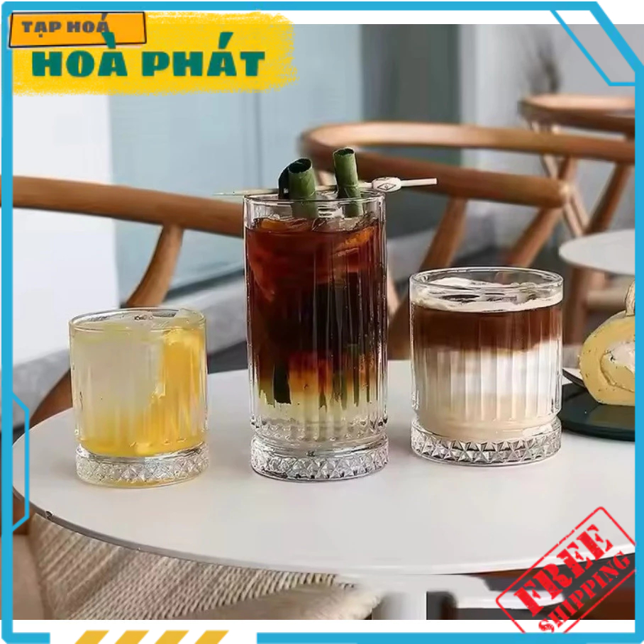 ถ้วยแก้วพร้อมฐานเพชรและตัวลาย 6408J-6412J-8415J ความจุ 250ML-340ML-450ML