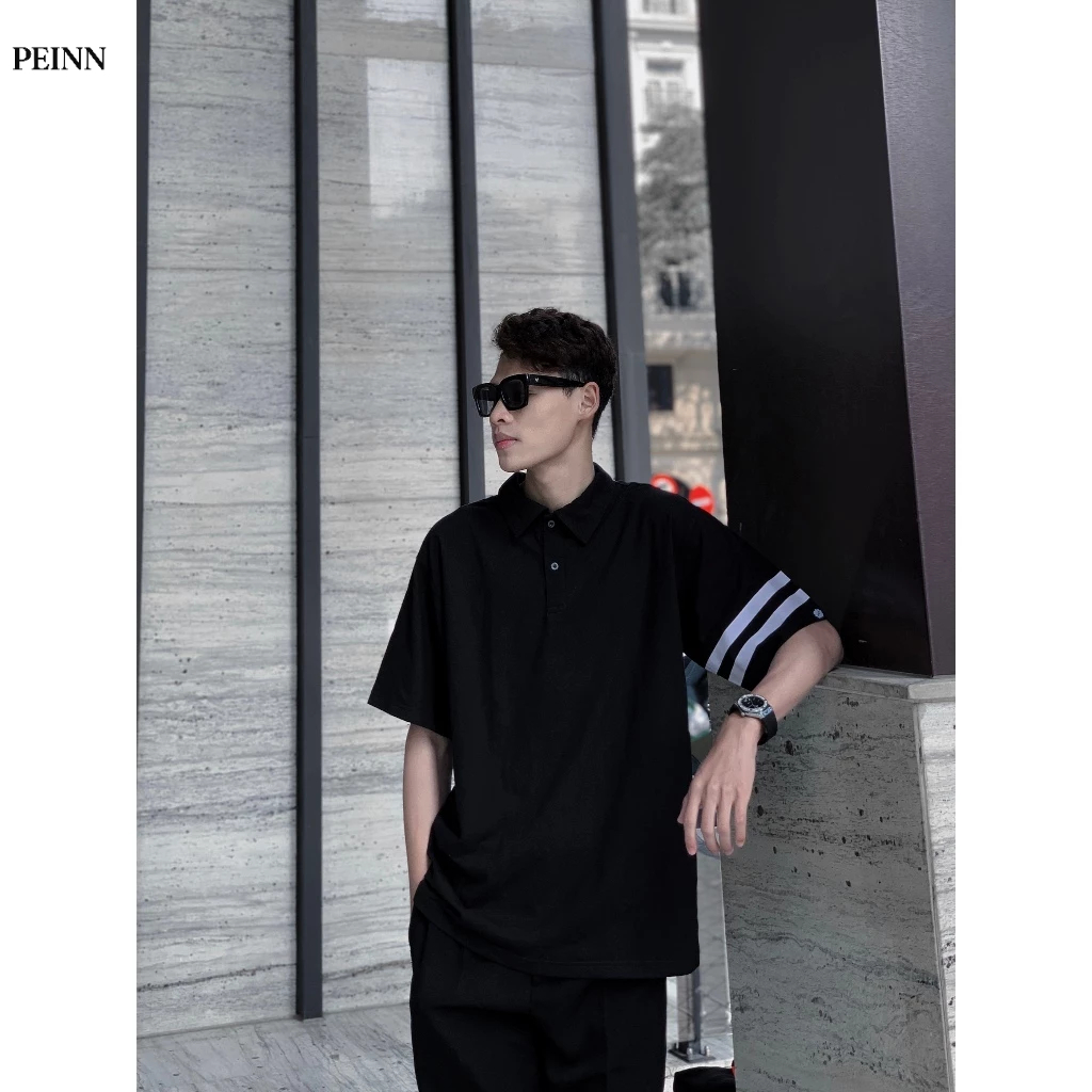 [Peinn] เสื้อโปโลแขนสั้นผู้ชายและผู้หญิงคอปกแบรนด์ท้องถิ่น unisex สวยสีดําและสีขาว oversize CLOUDZY 