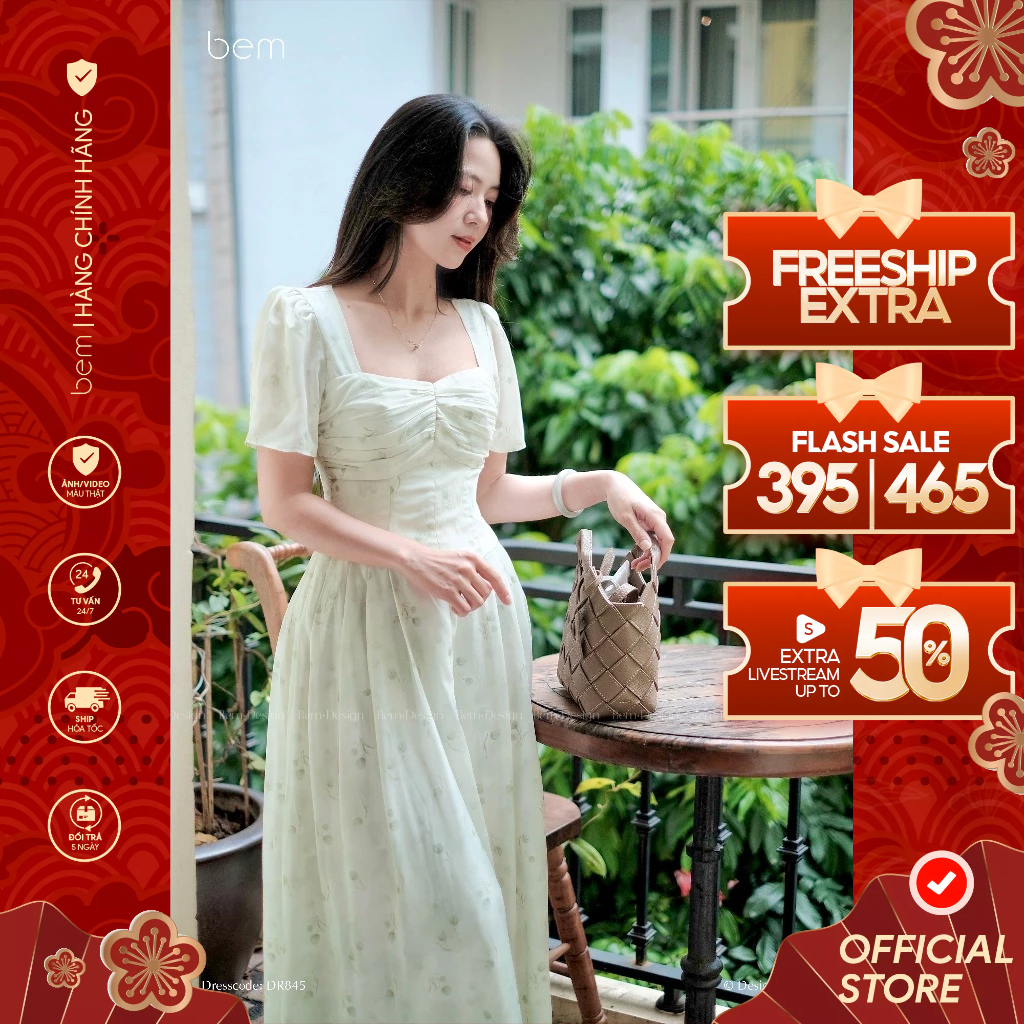 BEM เดรสลายดอกไม้สีเขียวคอปกสี่เหลี่ยมและ Bustier (DR845)