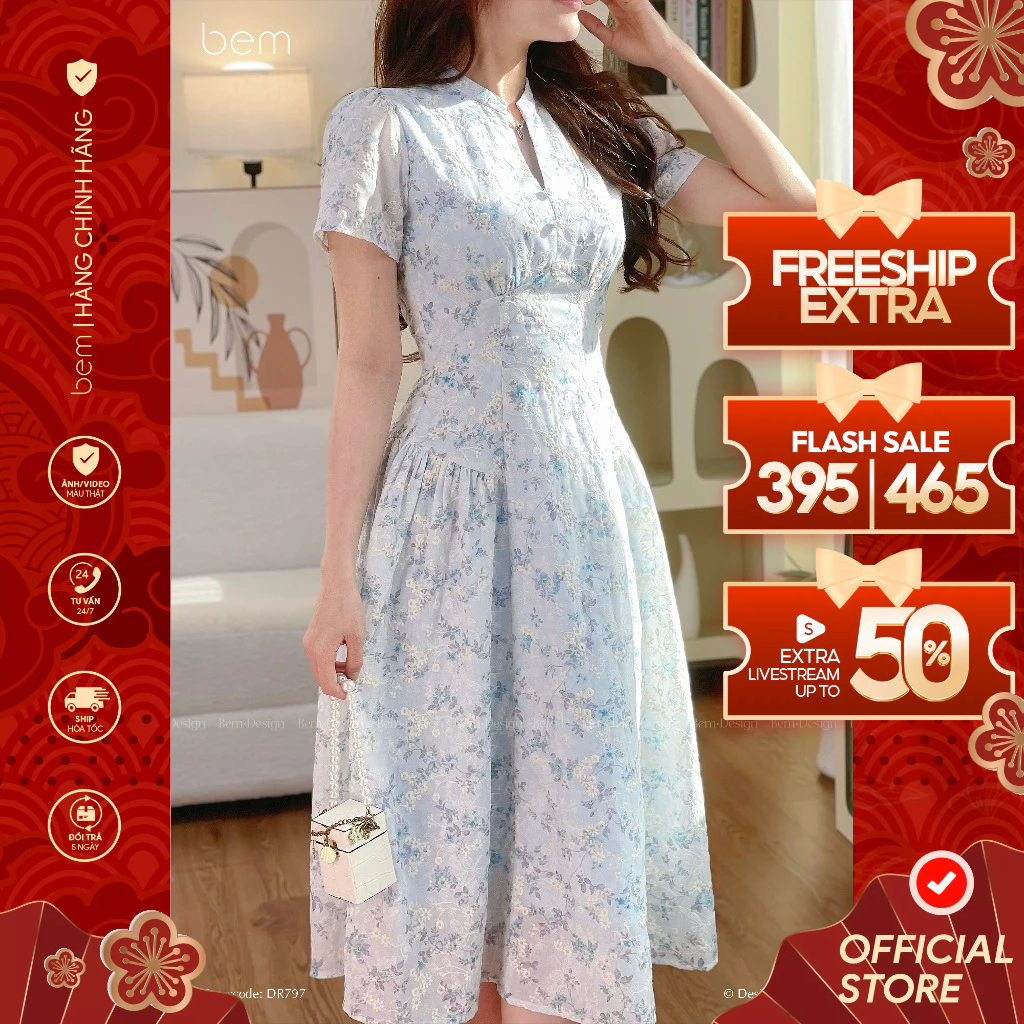 BEM Design Floral ปักคอเต่า Midi Flared Dress (DR797)