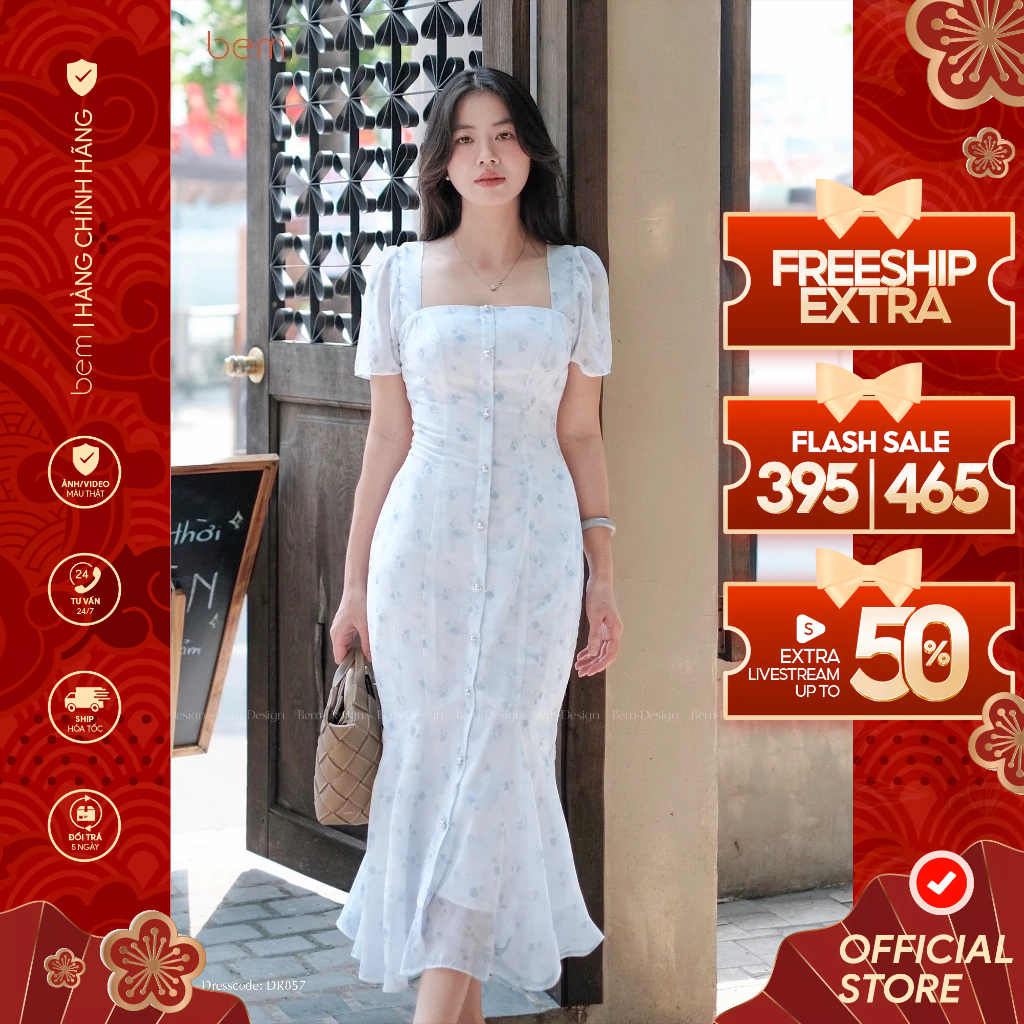 BEM เดรสคอเหลี่ยมหางปลาสีฟ้าลายดอกไม้ (DR857)