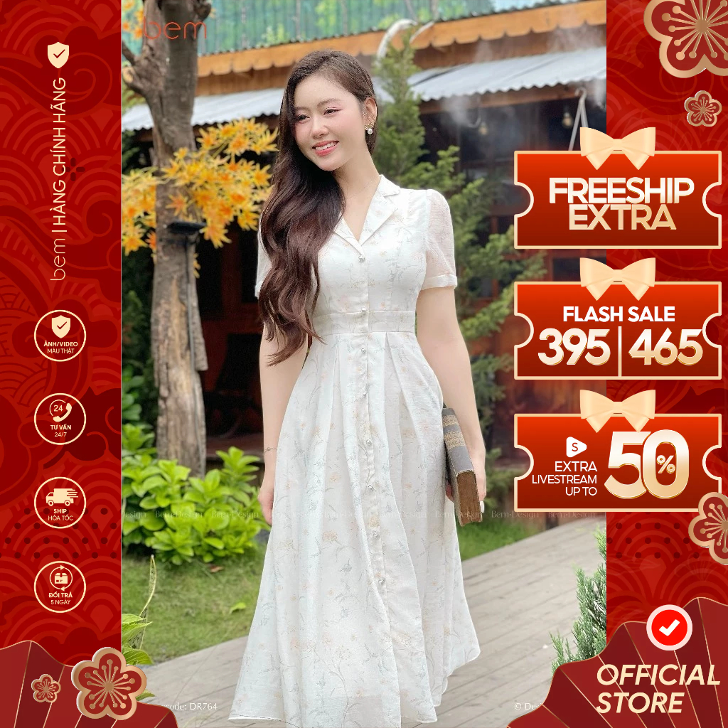 BEM Design เดรสลายดอกไม้สีขาวพร้อมเสื้อกั๊กคอปกและทรง Midi ขาบาน (DR764)