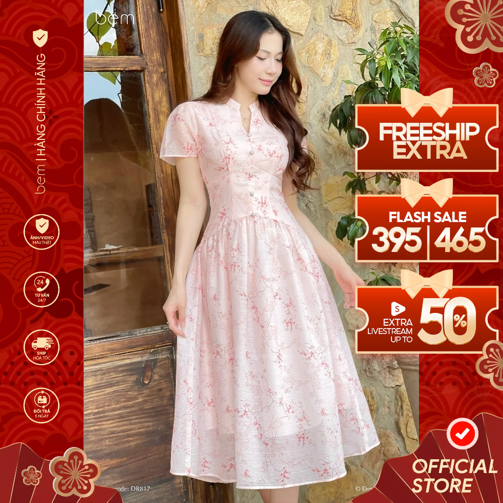 BEM Design เดรสลายดอกไม้สีฟ้าคอปกและแขนโบว์ (DR758 - DR817)