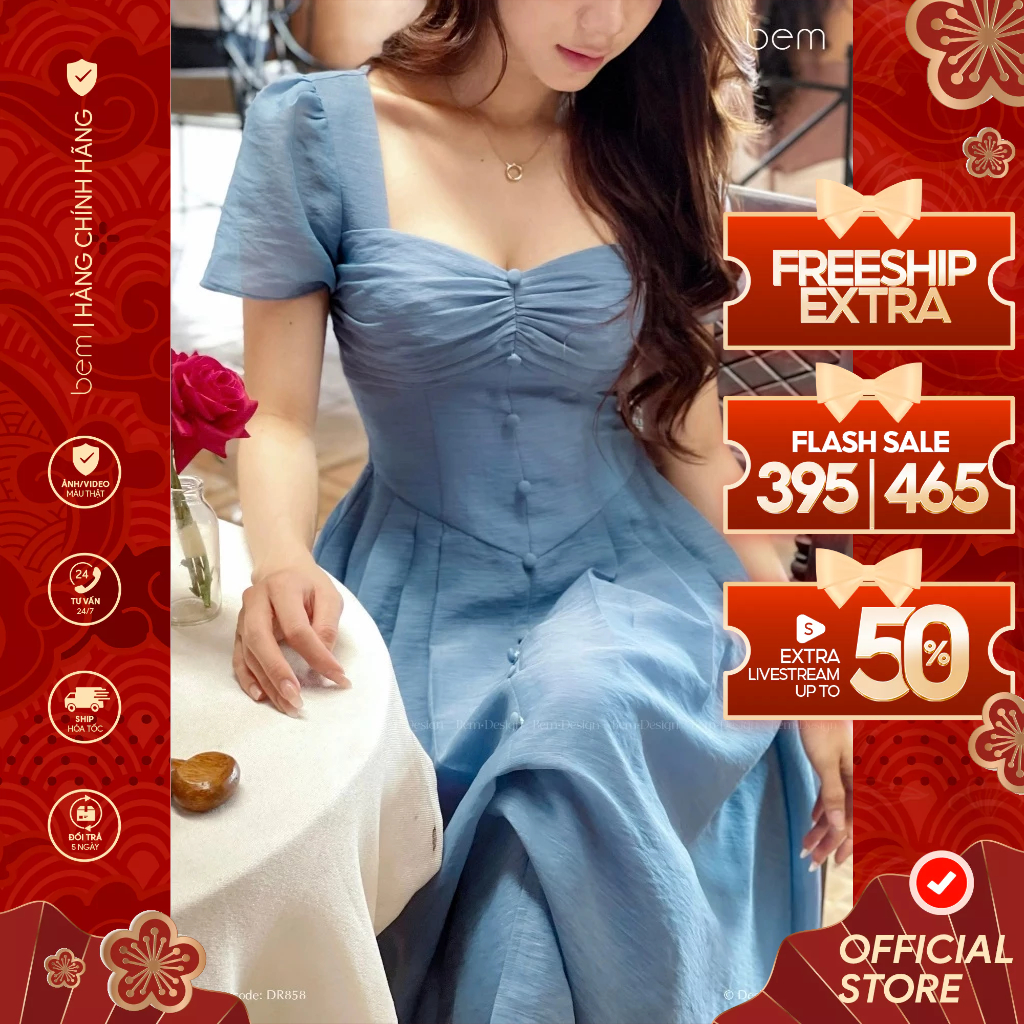 ชุดเดรส Midi คอปกบานสีน้ําเงิน Queen BEM (DR858)