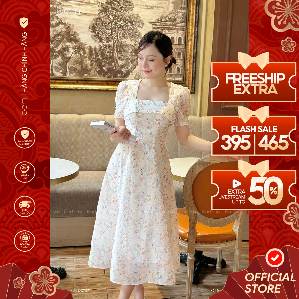 BEM Design เดรสคอเหลี่ยมสีขาวลายดอกไม้ (DR737)