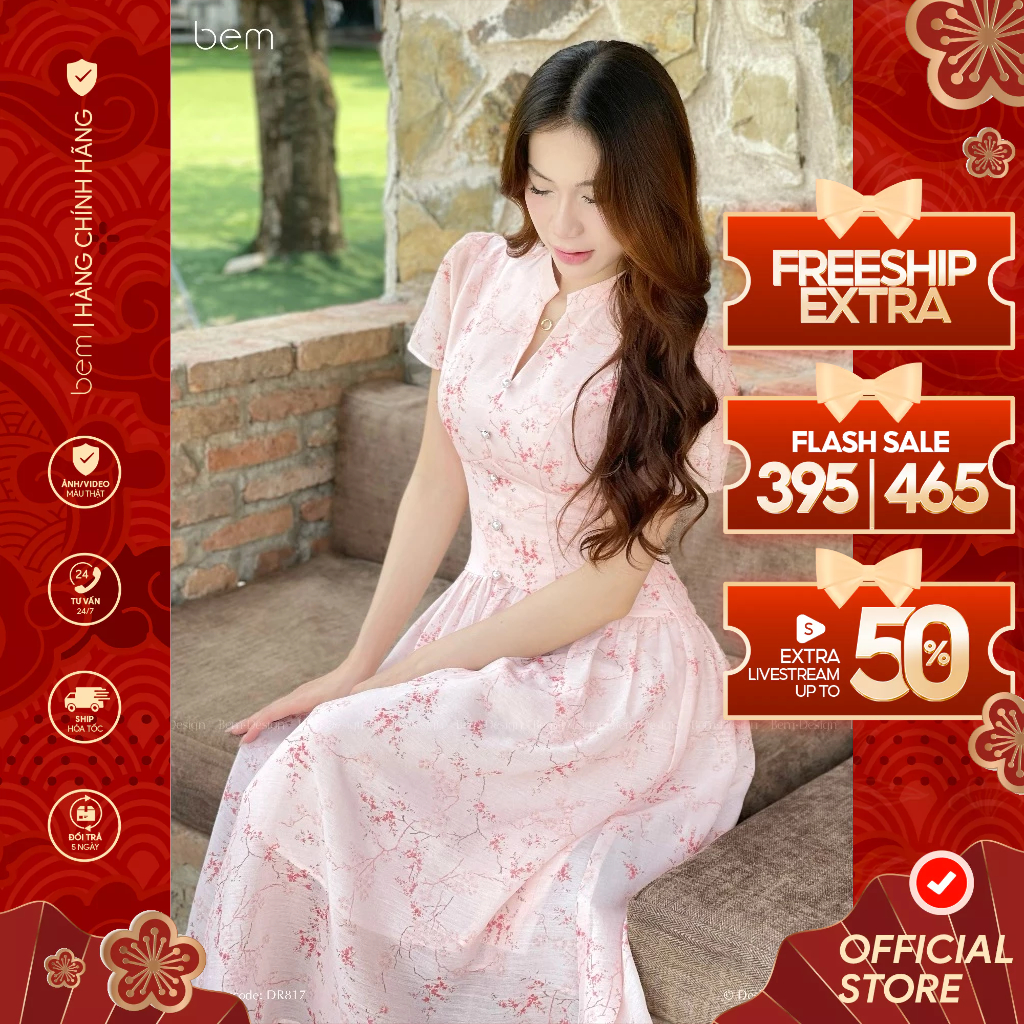 BEM Design เดรสลายดอกไม้ยาวคอเต่าสีชมพู (DR817)