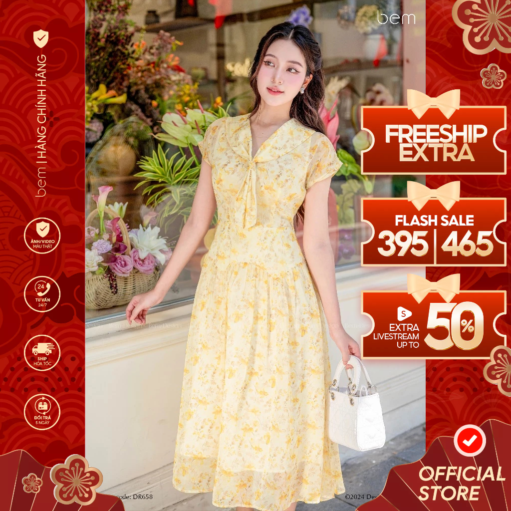 Bem Design เดรสลายดอกไม้บานยาวคอโบว์ (DR658)