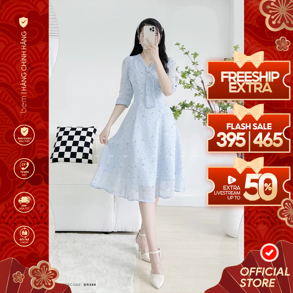 BEM Studio Blue Chiffon เดรสลายดอกไม้เด็กเกาหลีคอปกมีสไตล์และผูกเน็คไทน่ารัก (DR289)