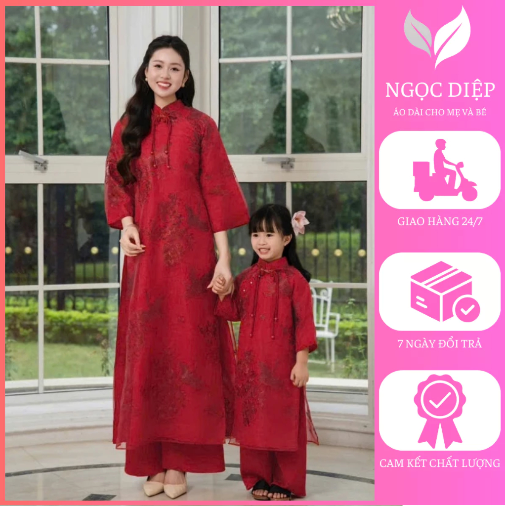VAN HAC แม่และลูก ao dai แม่และเด็ก ao dai, 2026 Tet ao dai สําหรับเด็กผู้หญิง - สีแดง - Mother&baby