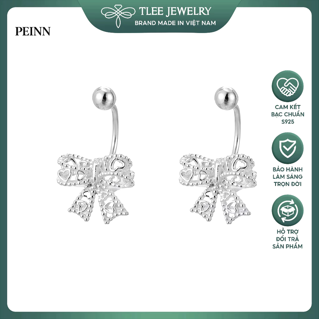 [Peinn] ต่างหูเงินผู้หญิงมีโบว์ลูกไม้โค้งน่ารัก JEWLERY B0514