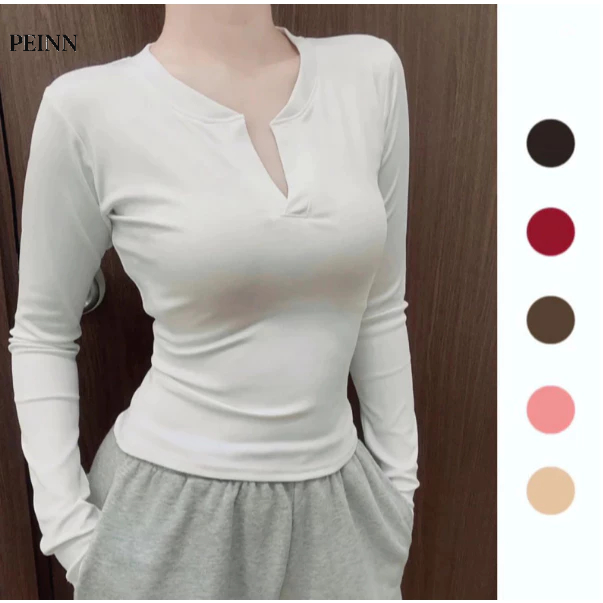 [Peinn]เสื้อยืดแขนยาวคอจีนทรงเข้ารูปหุ่นผู้หญิงพื้นเรียบ SMOOTH BOZIP COTTON m661