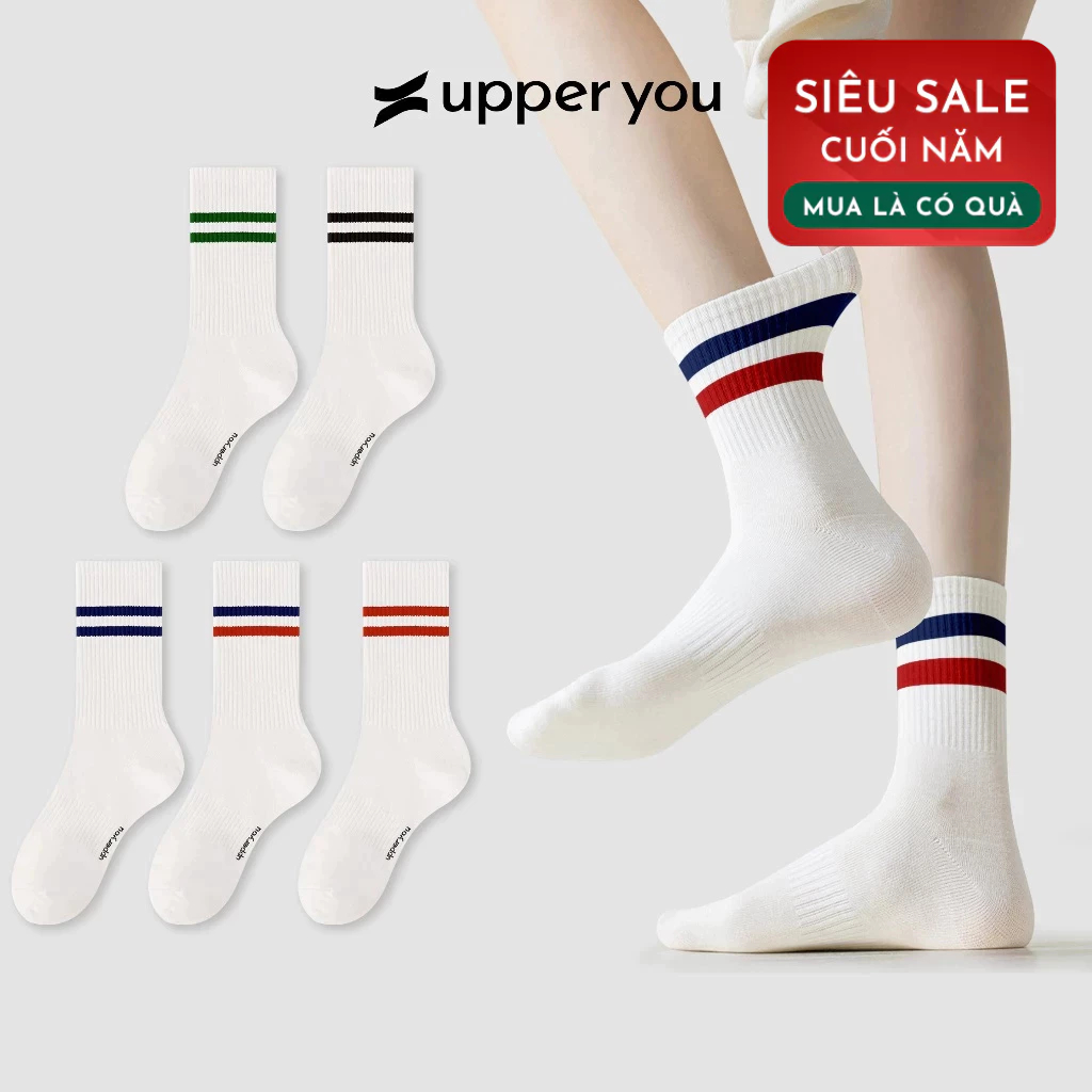 [Combo of 3 คู่] UPPER YOU ถุงเท้าคอสูงลายทางสําหรับผู้ชายและผู้หญิงผ้าฝ้ายธรรมชาตินุ่มระบายอากาศระง