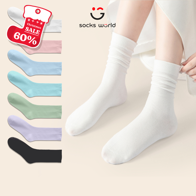 SOCKSWORLD ถุงเท้าผู้หญิงคอปกสูงนุ่มสีทึบถุงเท้าแฟชั่นสไตล์เกาหลีสําหรับผู้หญิง - SWF406