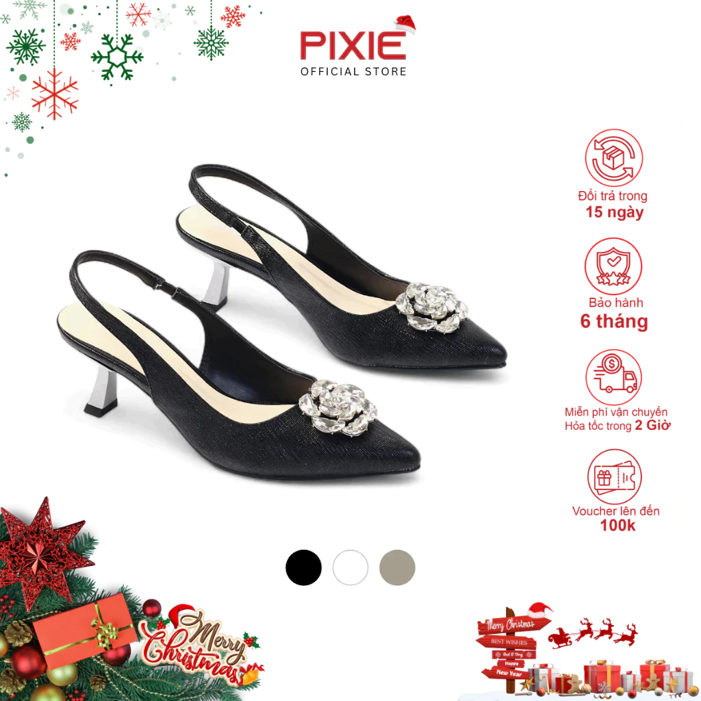 Slingback Shoes 5cm Sparkling PU Leather with Pixie Rose Stone H416