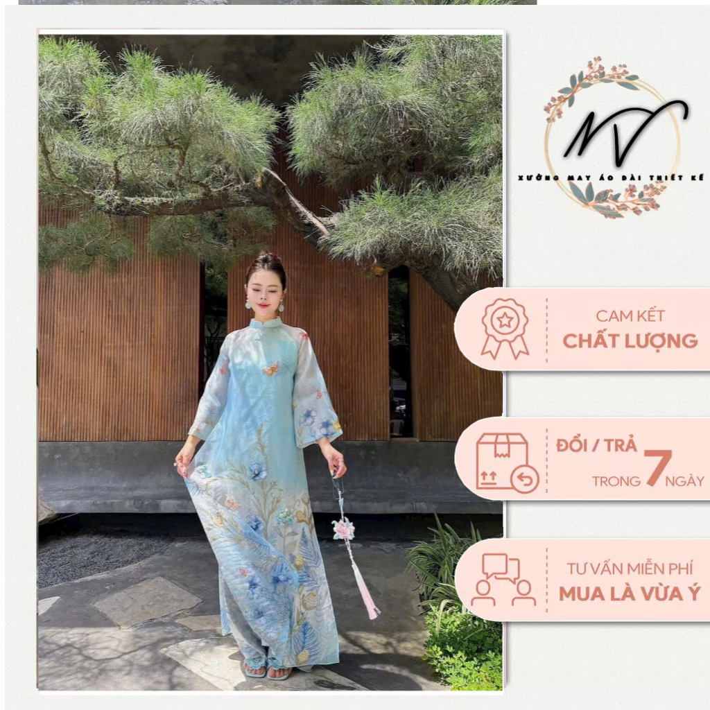 นวัตกรรม Ao Dai Thuy Van Hoa Ao Dai NV - วัสดุออร์แกนสีน้ําเงินเนื้อนุ่ม ลายสวย ผสมผสานกับสารแต่งและ