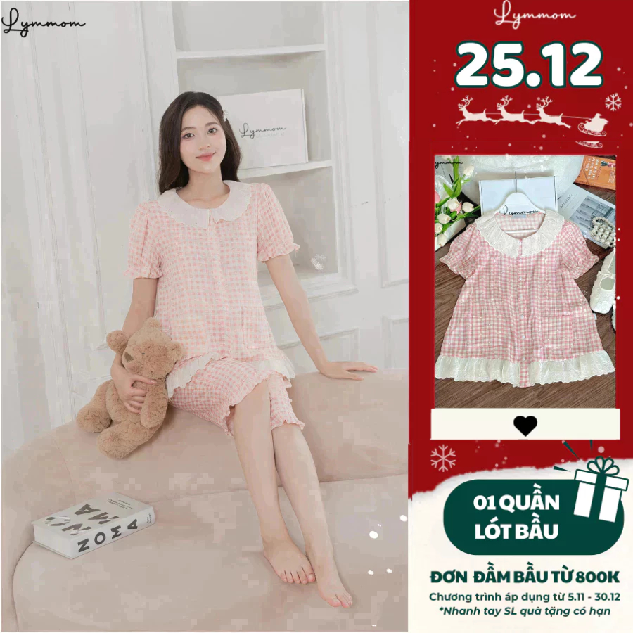 LYMOM Designer ชุดคลุมท้องแขนสั้นและกางเกงลายดอกไม้ลายตารางหมากรุกสีชมพูวัสดุคุณภาพสูง BN015