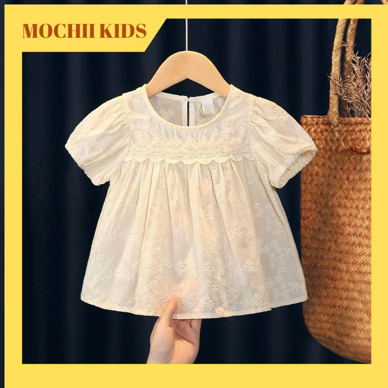 MOCHII เสื้อเชิ้ต babydoll แขนพัฟสําหรับเด็กผู้หญิง เสื้อลูกไม้ปักสีขาวหวานและผู้หญิง_M.A04